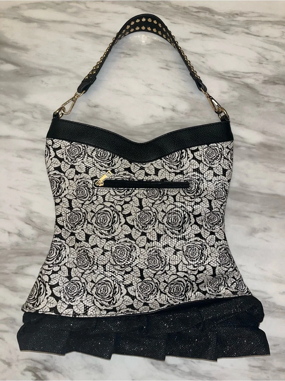 Black & White Rose Studded Corset-Style Shoulder Bag - Picture 2 of 13